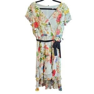 Sandra Darren Floral Faux Wrap High Low Dress White Multi Size 12 Flutter Sleeve